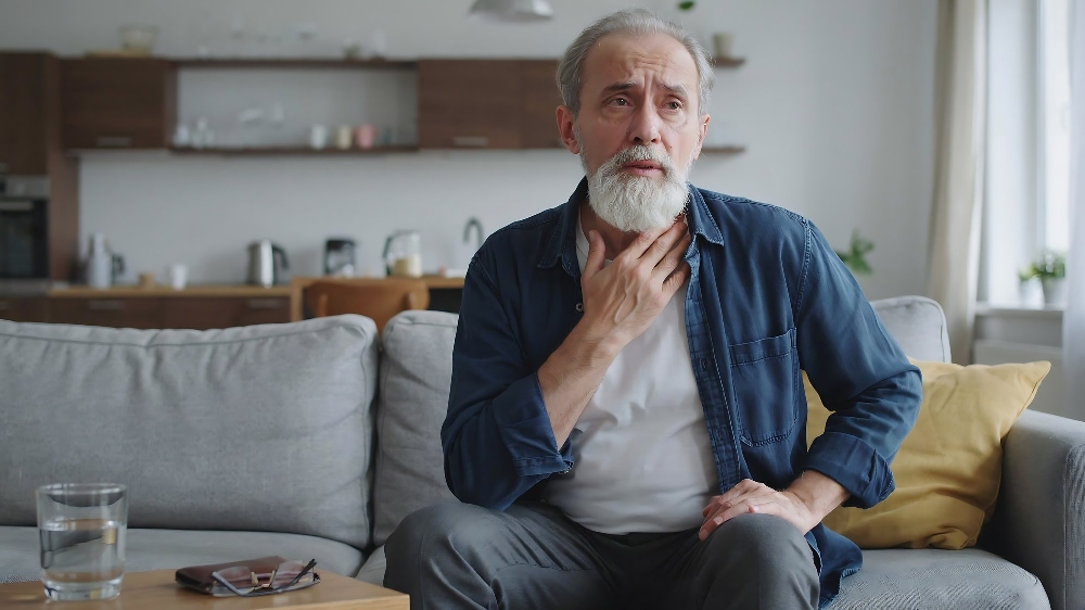 Older man with a gray beard touching his throat with a worried expression while seated on a gray sofa